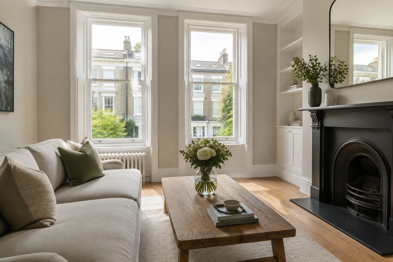 A bright, freshly cleaned living room in a London terrace, sunlight through sash windows