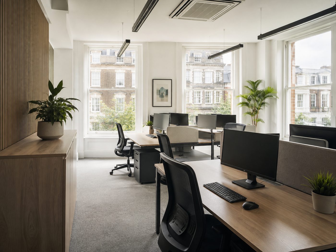A small modern office, cleaned and ready for the morning
